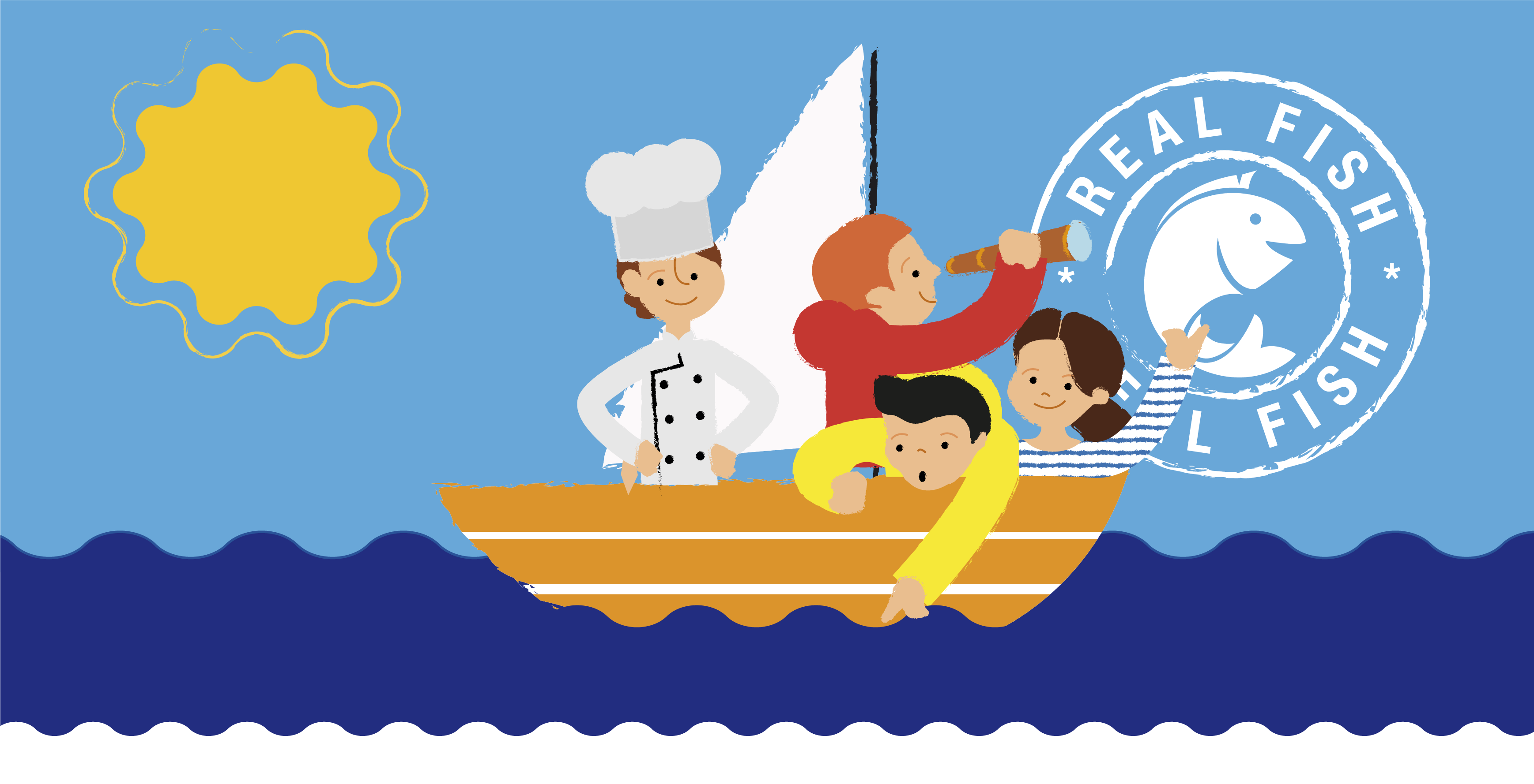 Sara Villanueva illustration real fish boat chef and kids